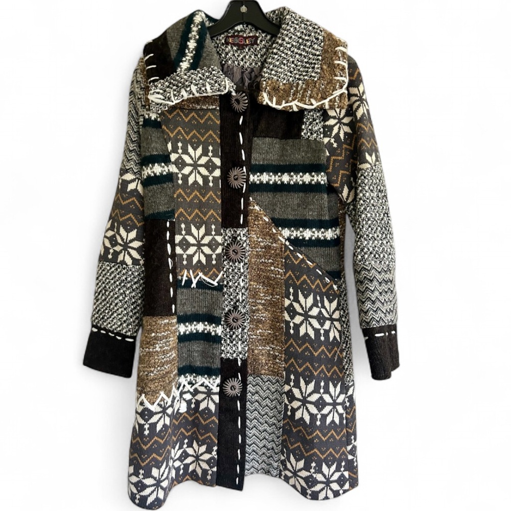 KESSLEY Patchwork Fair Isle Sweater Coat Boho Art Wear Nordic Lagenlook Sz Small